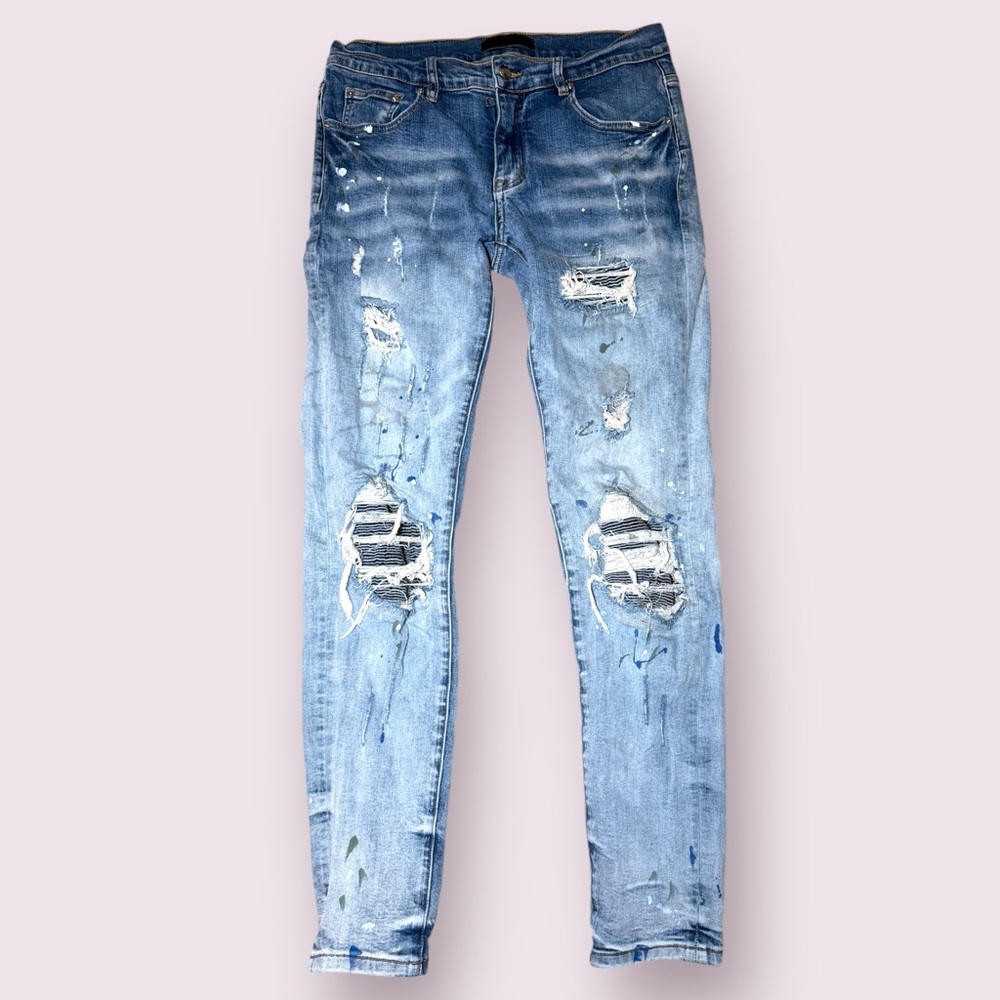 Amiri Blue Paint Splatter Print Denim Distressed Jeans M Waist 30